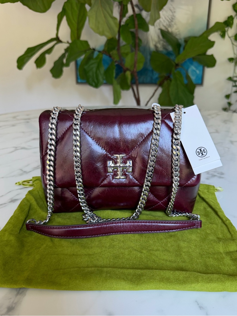 NWT Tory Burch Kira Diamond Quilt Distressed Shoulder Bag Dark Carmine Burgundy